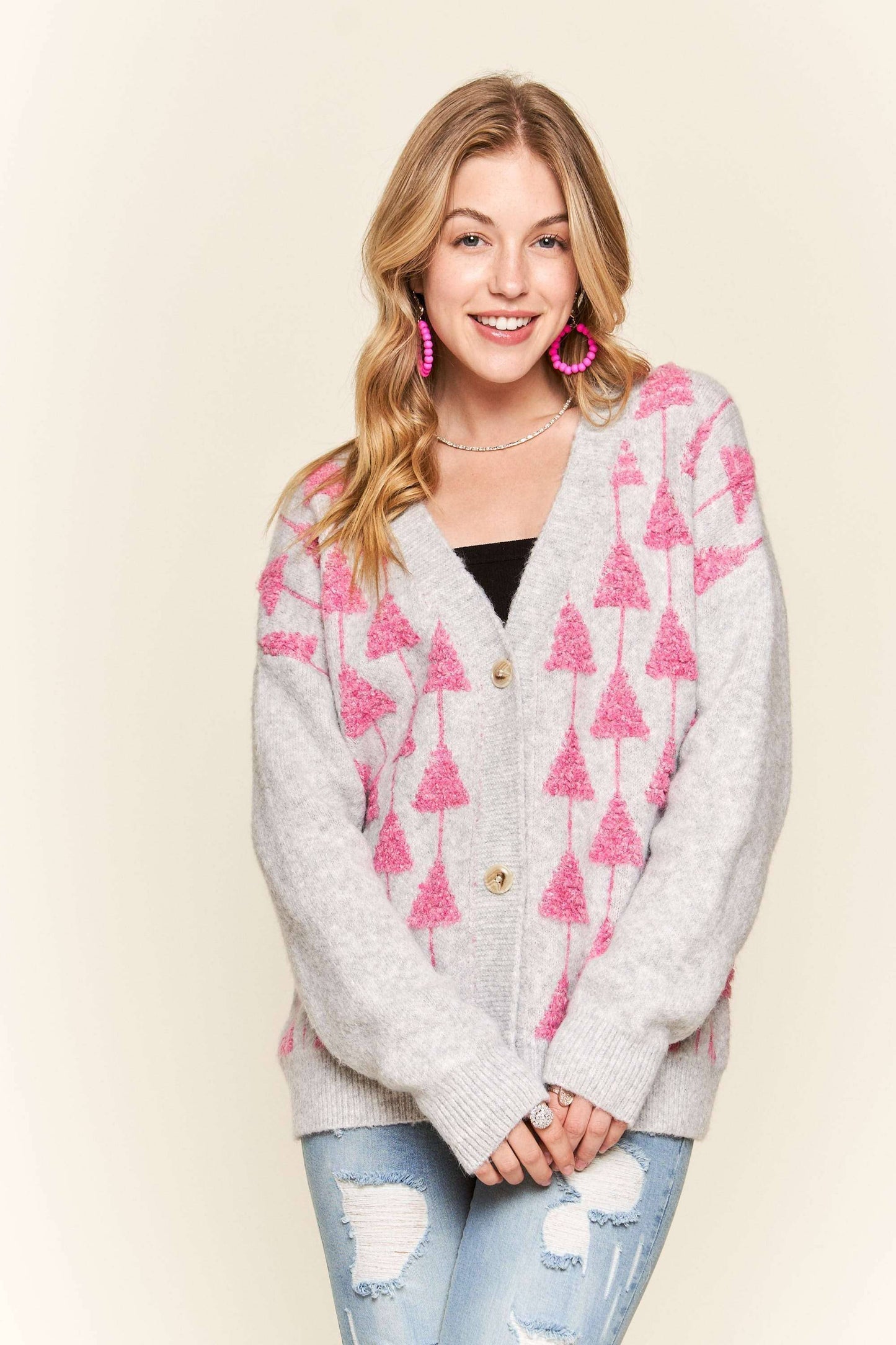 FLUFFY TREE ACCENT CARDIGAN