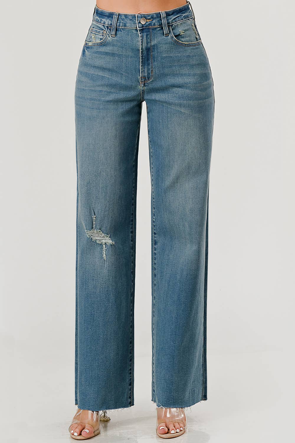 Medium Wash - Distressed Raw Hem Skater Jeans