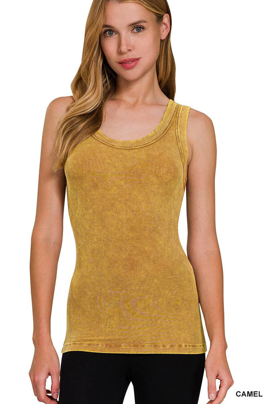 `Washed Ribbed Scoop Neck Tank Top Zenana