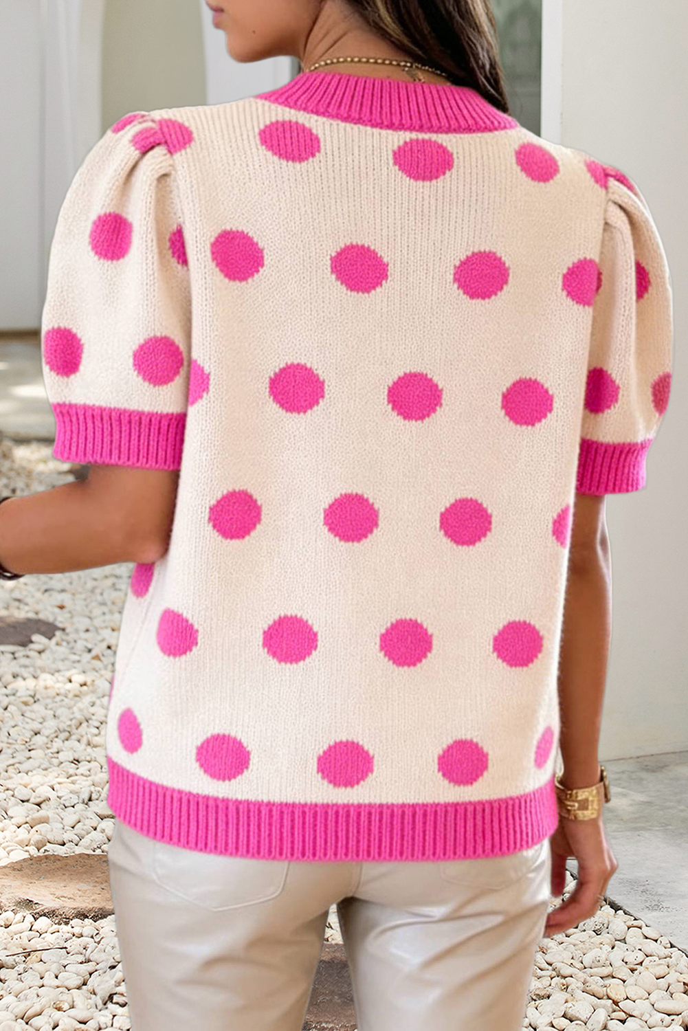 Polka Dot Puff Short Sleeve V Neck Sweater Top
