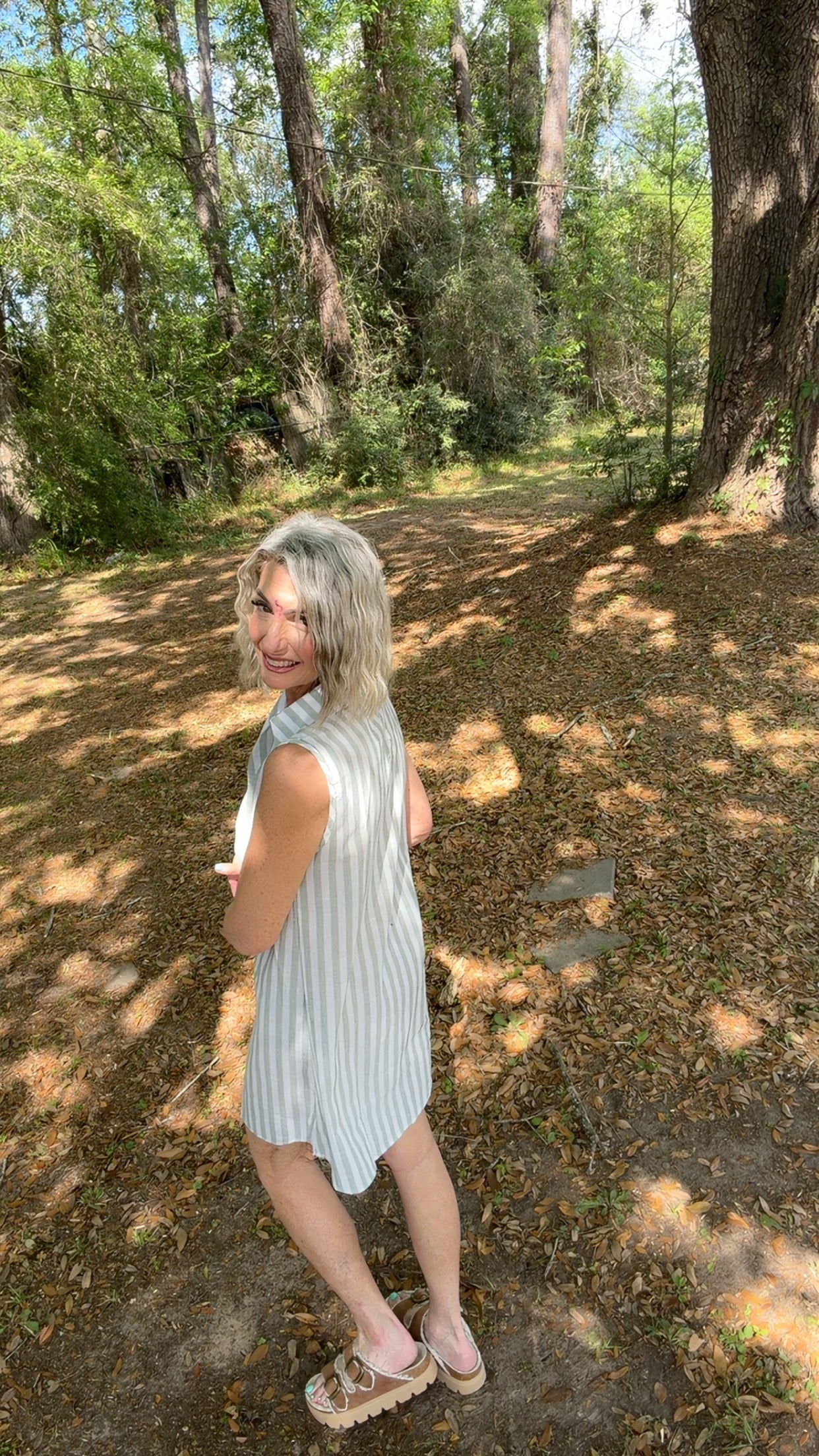 Sleeveless V Neck Button Down Striped Shirt Dress