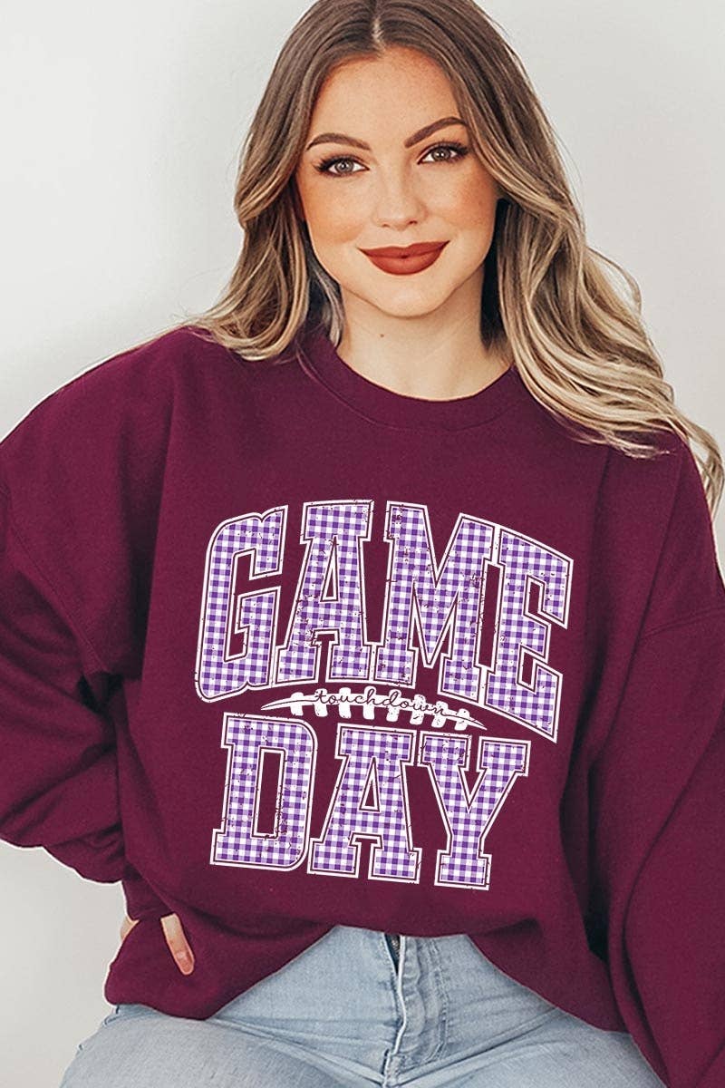 Purple Gingham Game Day Graphic Sweatshirt