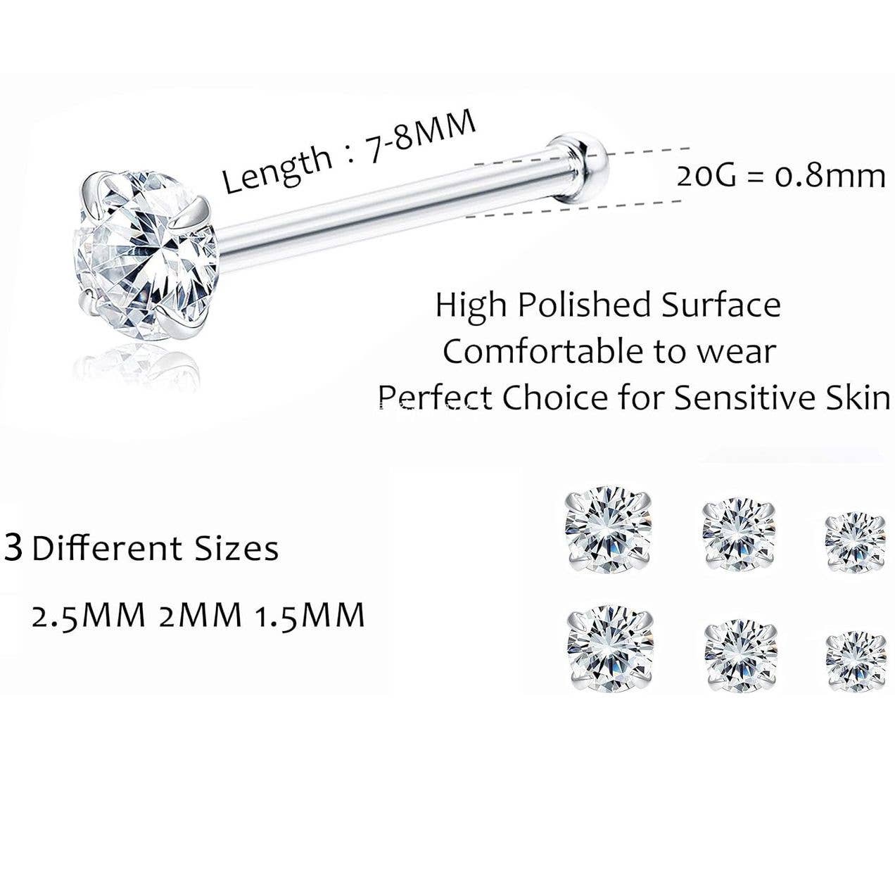 2.5mm 20 Pieces 925 Silver Nose Stud Piercing Color