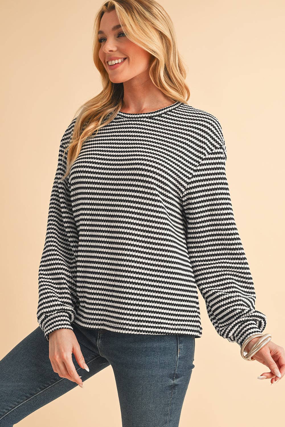 Stripe Round Neck Drop Shoulder Long Sleeve Top
