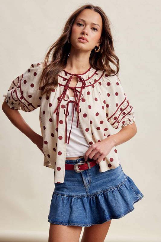 Polka Dot Ruffle Trim Blouse LT1456