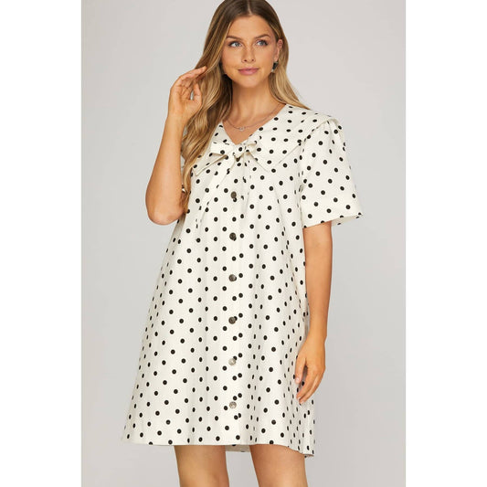 Polka Dot Short Sleeve Front Tie Dress w_Pockets