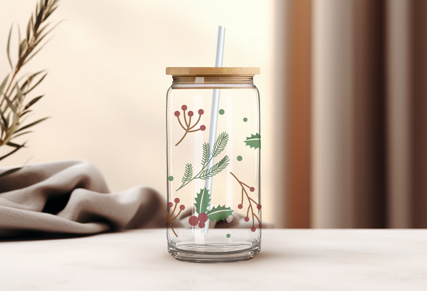 16 Oz Glass Can- Christmas themed Cup