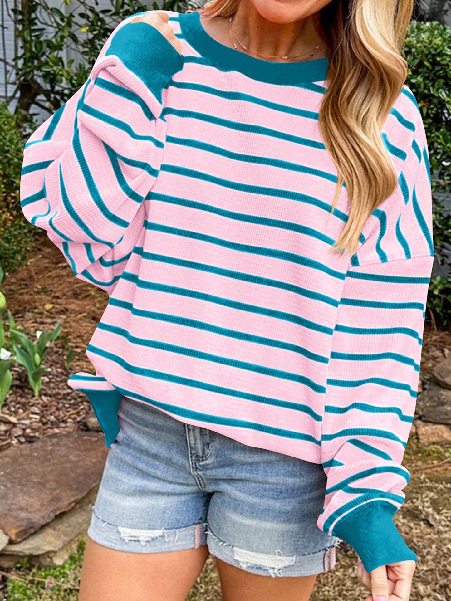 Pink & Blue Striped Long Sleeved Sweatshirt