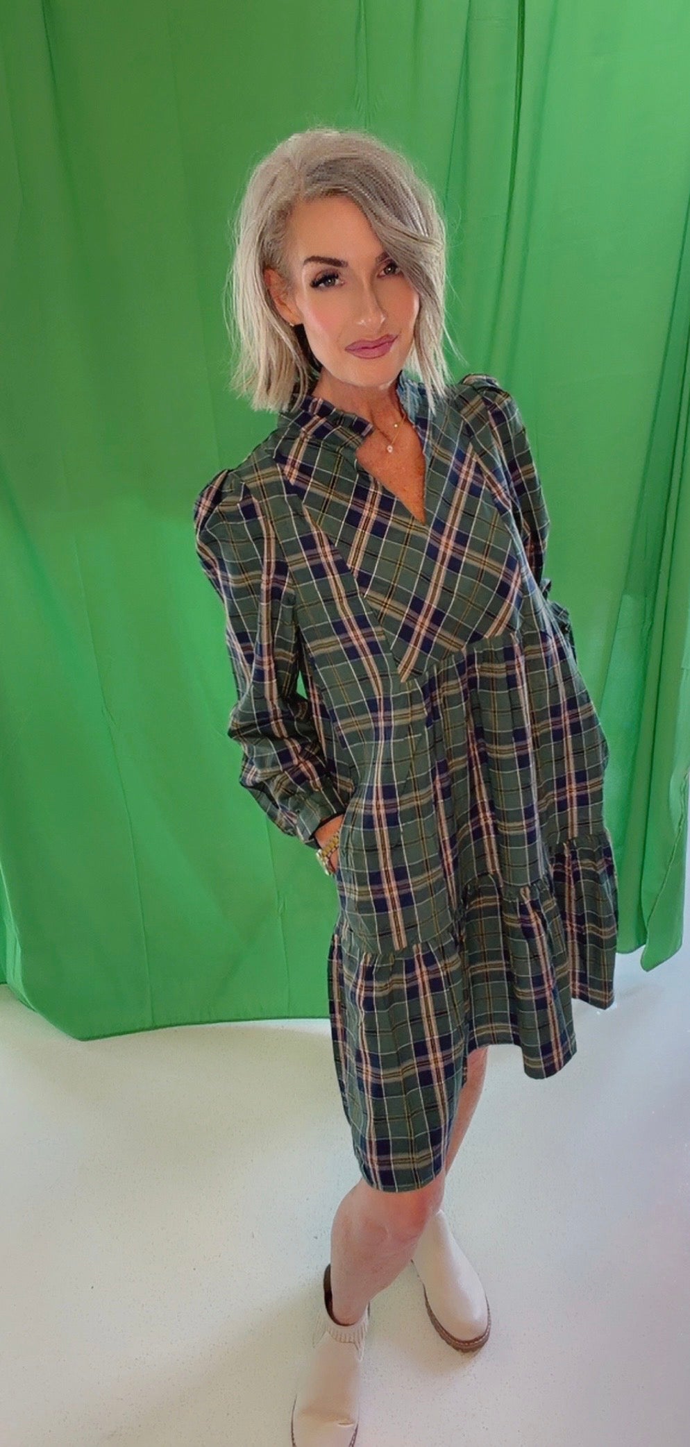 knee length dresses for ladies Plaid Print Frilly Collar Long Sleeve Mini Dress Green / Missy / L