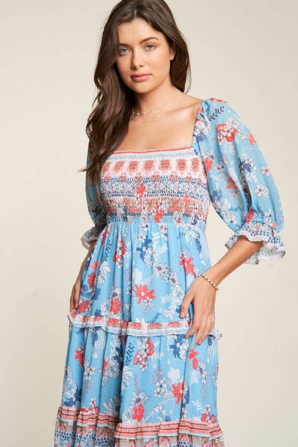 BOHO RUFFLE SMOCKED BODICE SHORT PUFF SLEEVE DRESS
