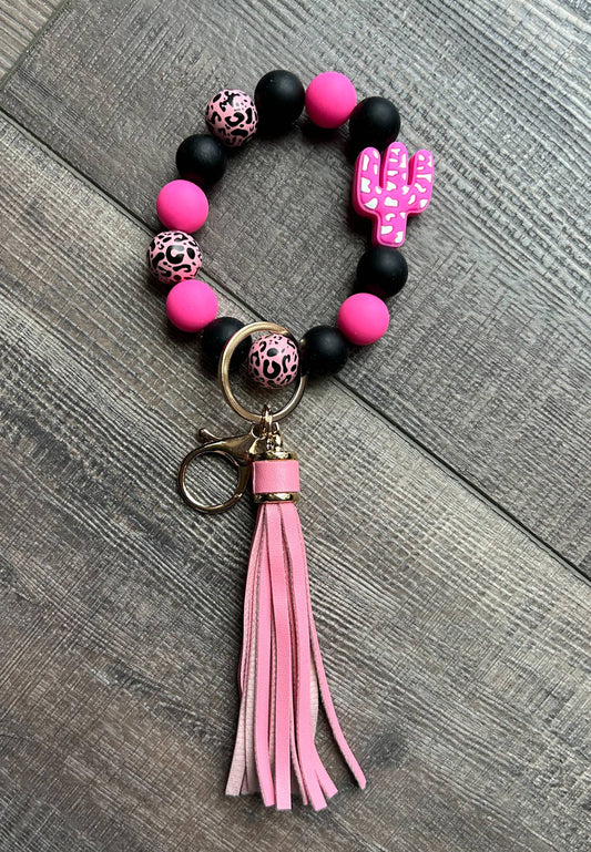 Western Cactus Wristlet Keychain with Tassel