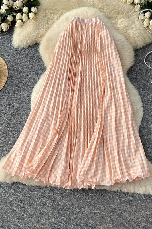 One Size Gingham Pleated Midi Skirt