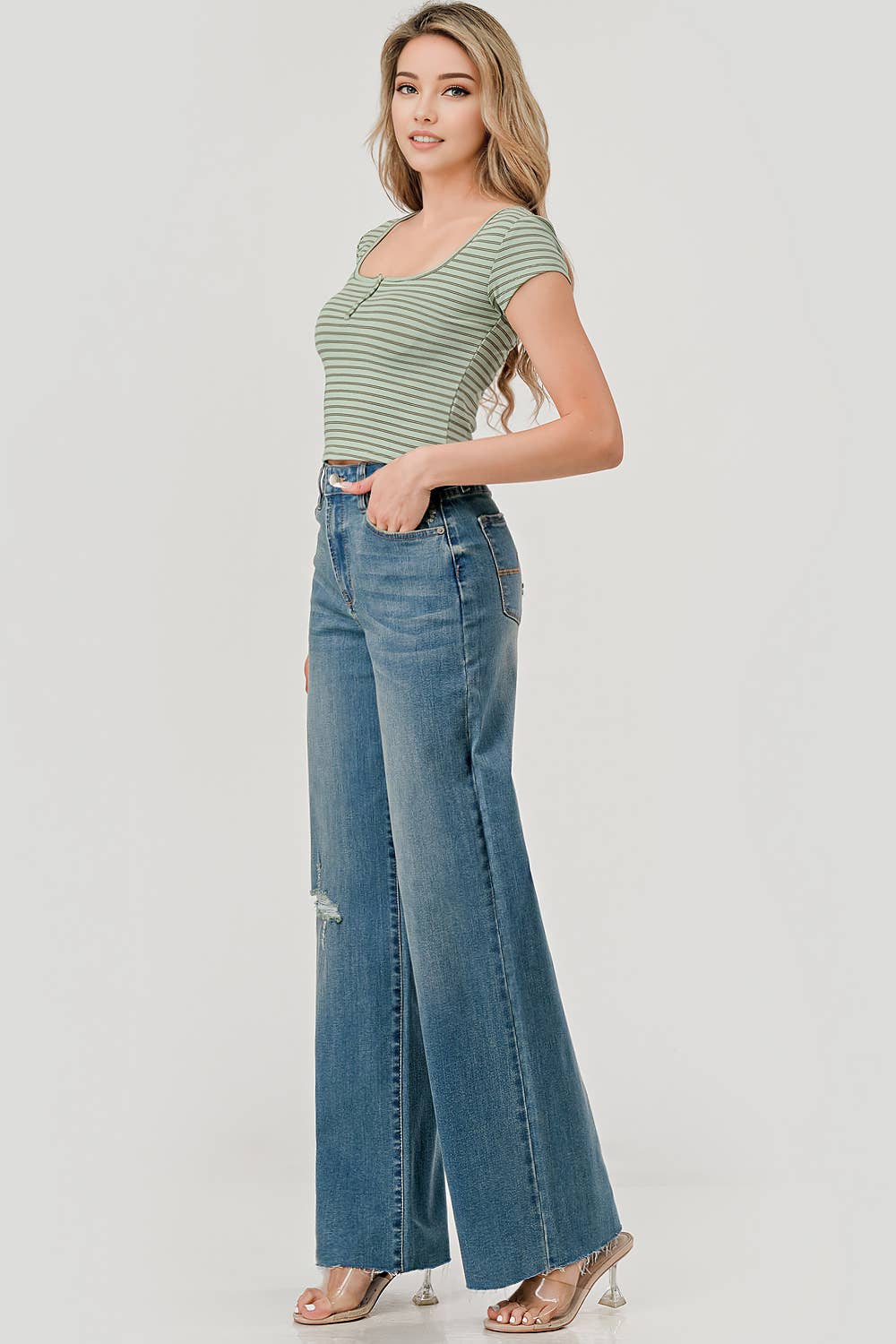 Medium Wash - Distressed Raw Hem Skater Jeans
