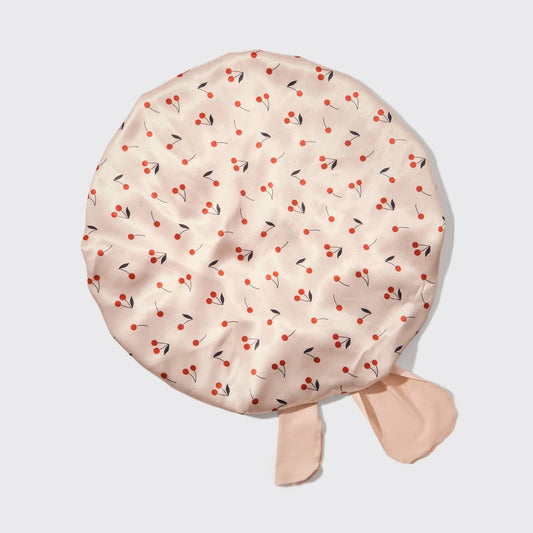 Adjustable Oversized Satin Bonnet - Cherry Print
