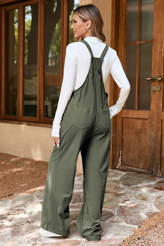 Solid Pocketed Loose Fit Corduroy Overall