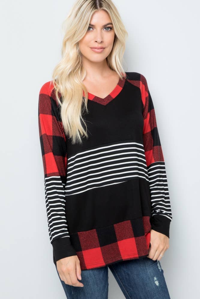 PLAID AND STRIPES LONG SLEEVE TOP -CT43658