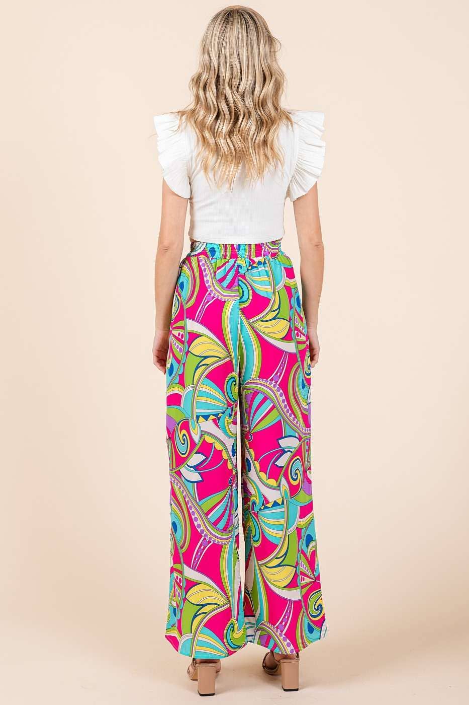 ABSTRACT PRINT ELASTIC WAIST WIDE LEG PANTS