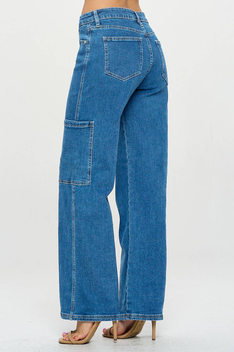 Medium Wash - Mid Rise Cargo Wide Leg Jeans