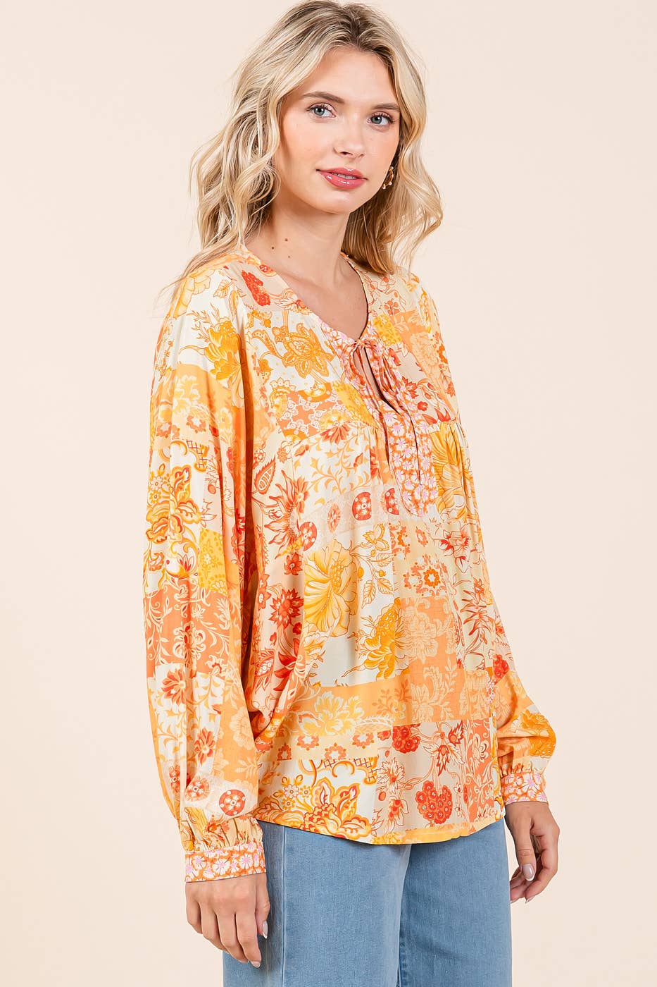 BOHO PATCHWORK PRINT LONG SLEEVE BLOUSE