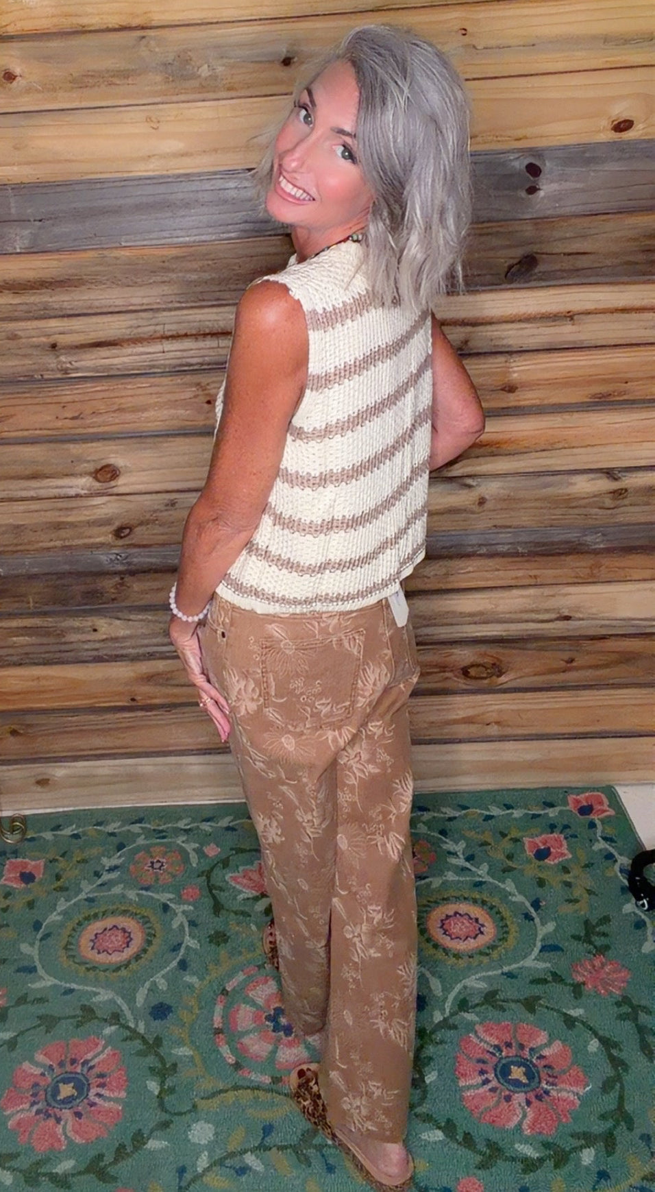 Floral Straight Leg Washed Denim Span Ankle Pants