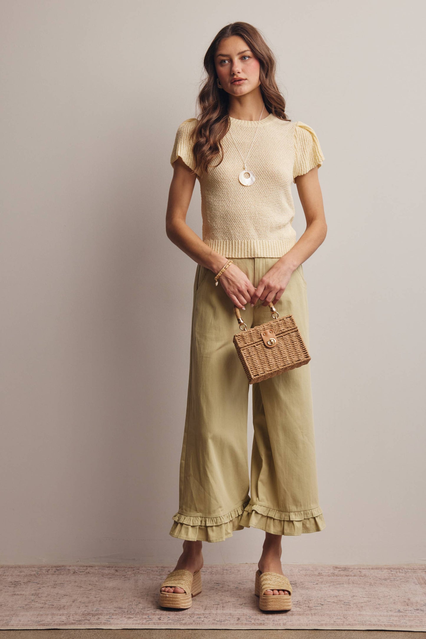 Ruffle Hem Wide-Leg Pants