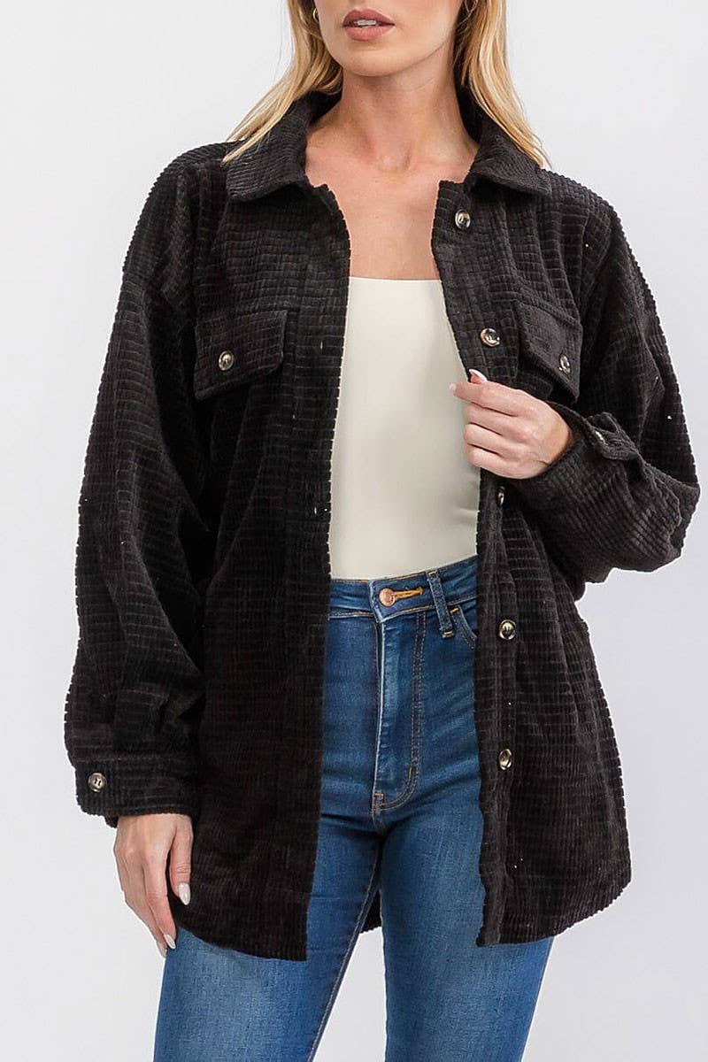 FRONT POCKETS BUTTON UP OVERSIZED WAFFLE SHACKET