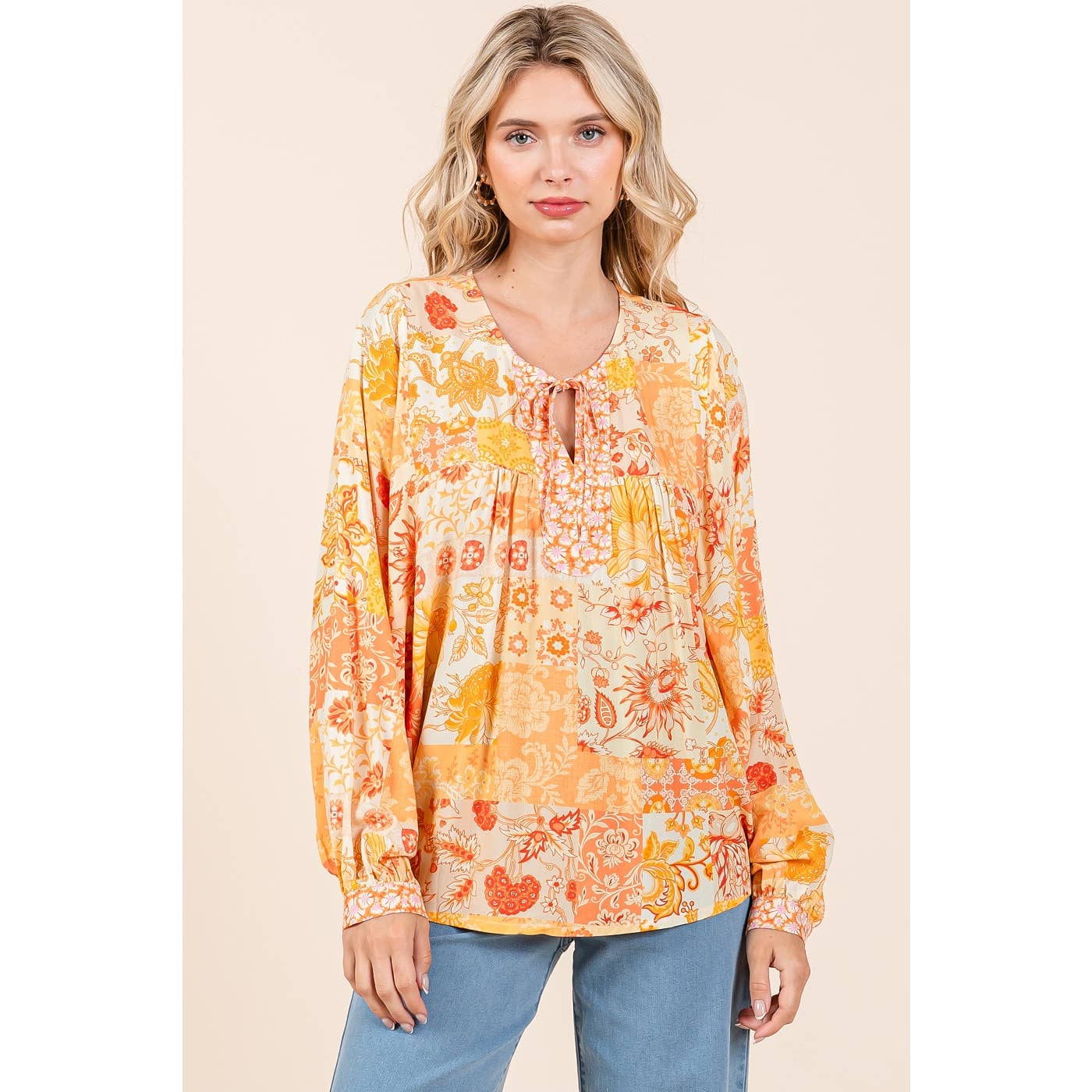 BOHO PATCHWORK PRINT LONG SLEEVE BLOUSE