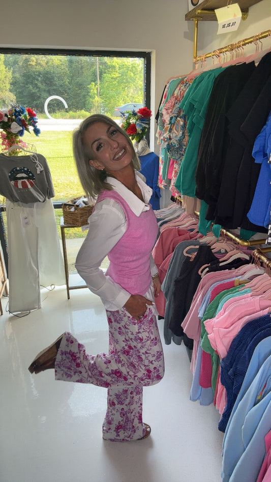 -Floral Print Side Pockets Long Pants