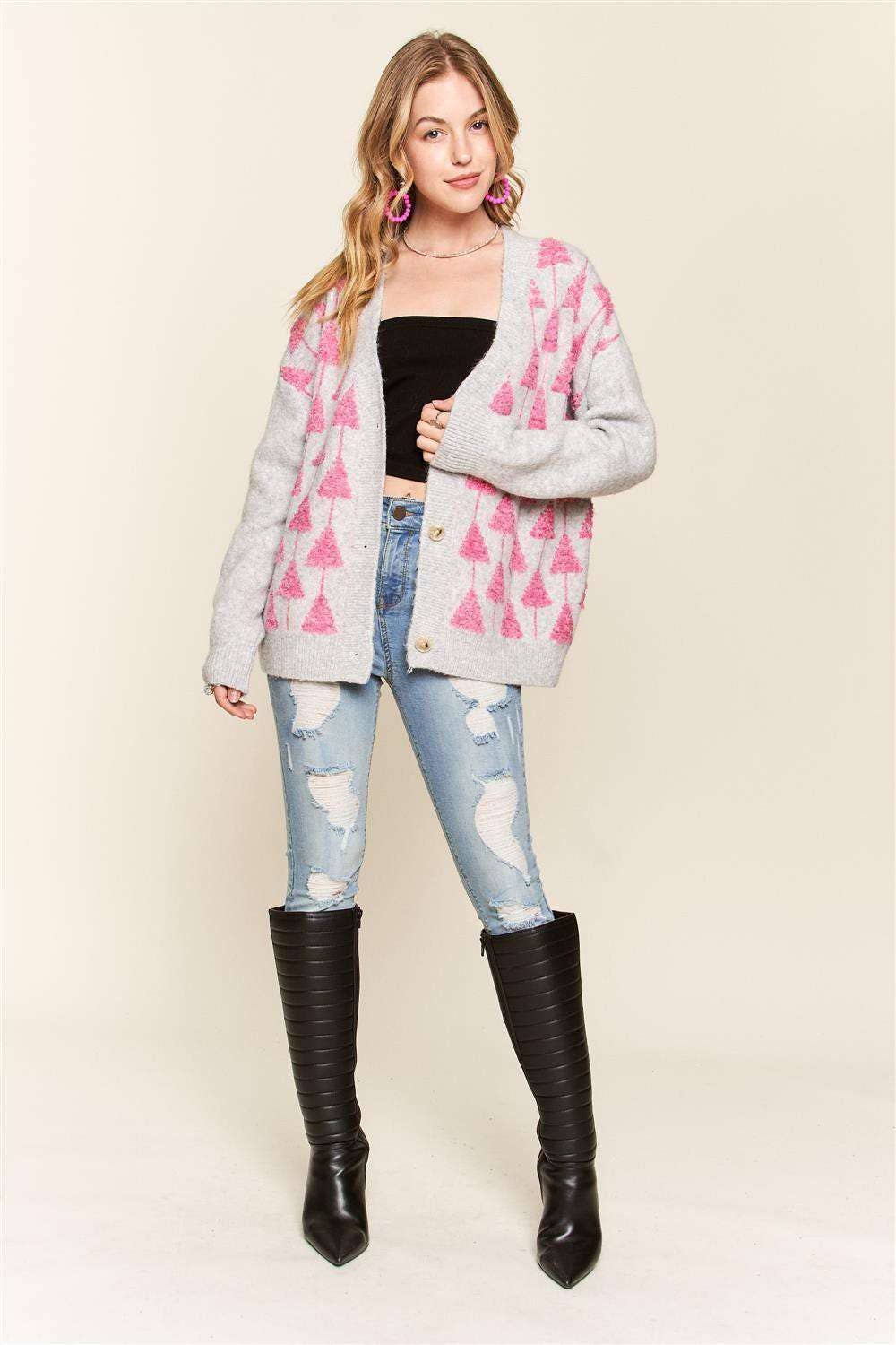 FLUFFY TREE ACCENT CARDIGAN