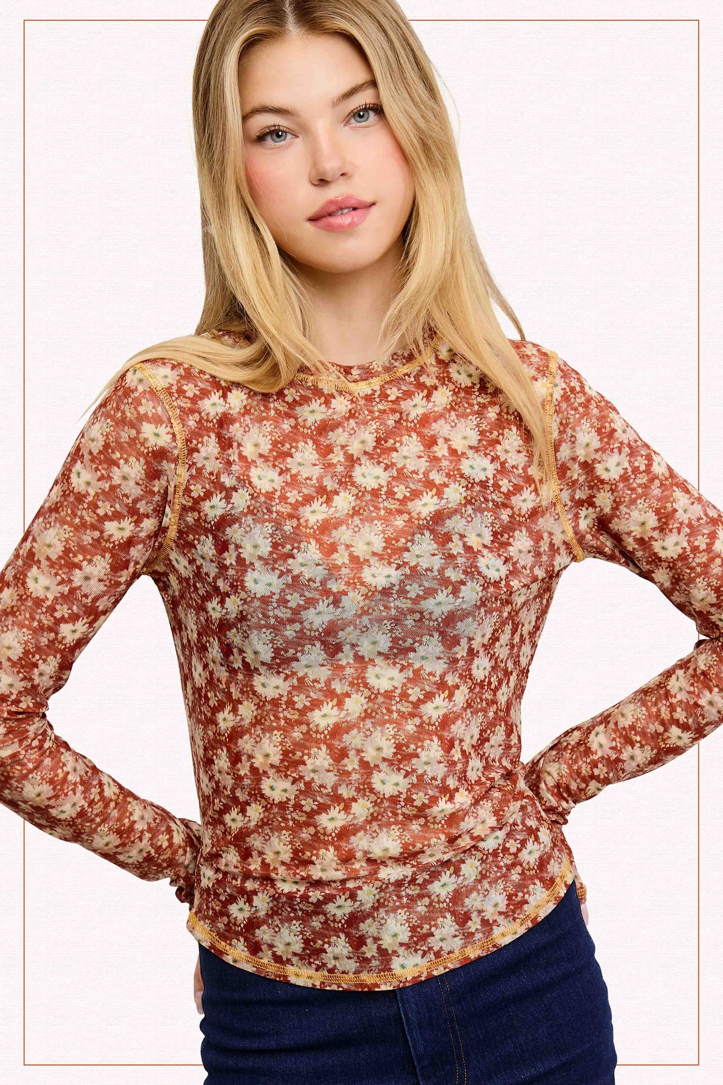 JCT7701-Semi Sheer Crew Neck Long Sleeve Mesh Layering Top