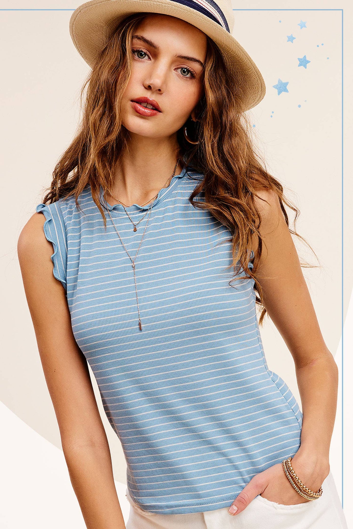 Stretchy Brushed Ruffle Sleeve Stripe Tank Top