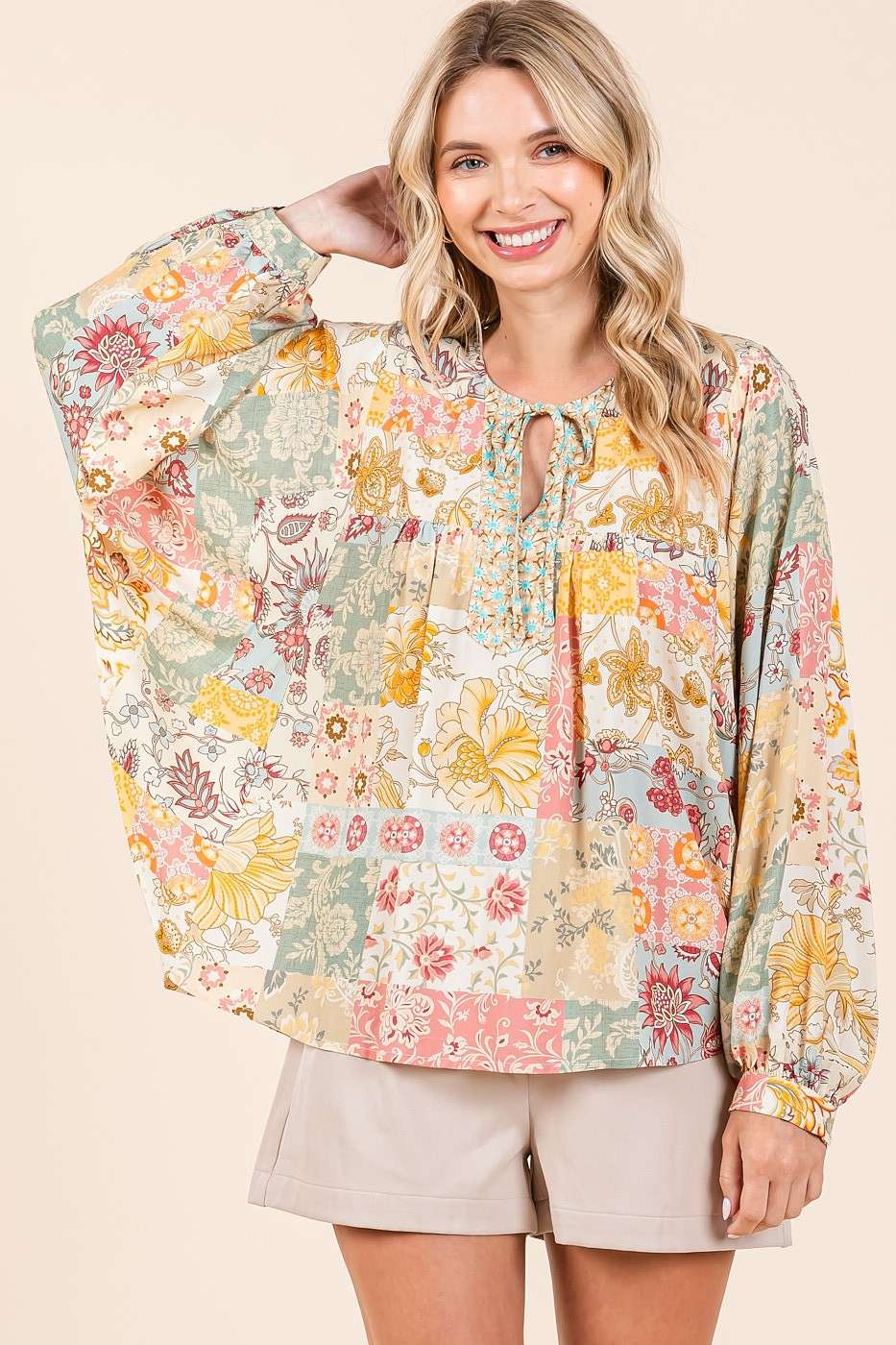 BOHO PATCHWORK PRINT LONG SLEEVE BLOUSE