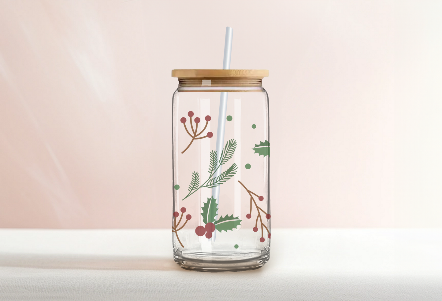 16 Oz Glass Can- Christmas themed Cup