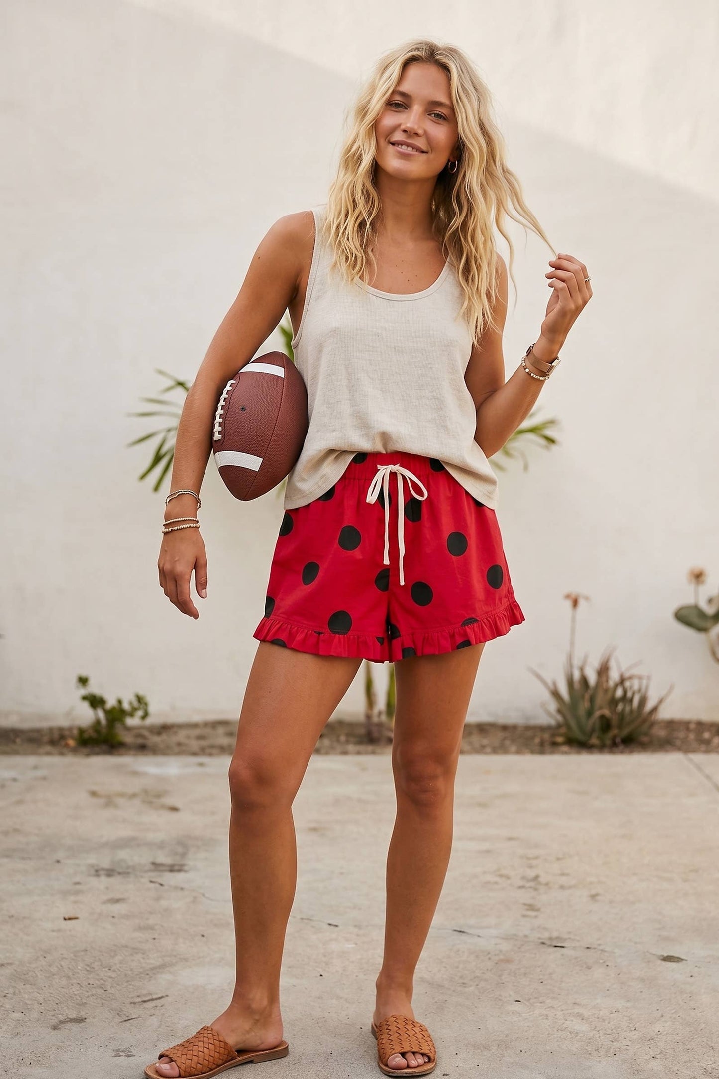 Gameday Ruffle Hem Polka Dot Poplin Shorts white with black polka dots