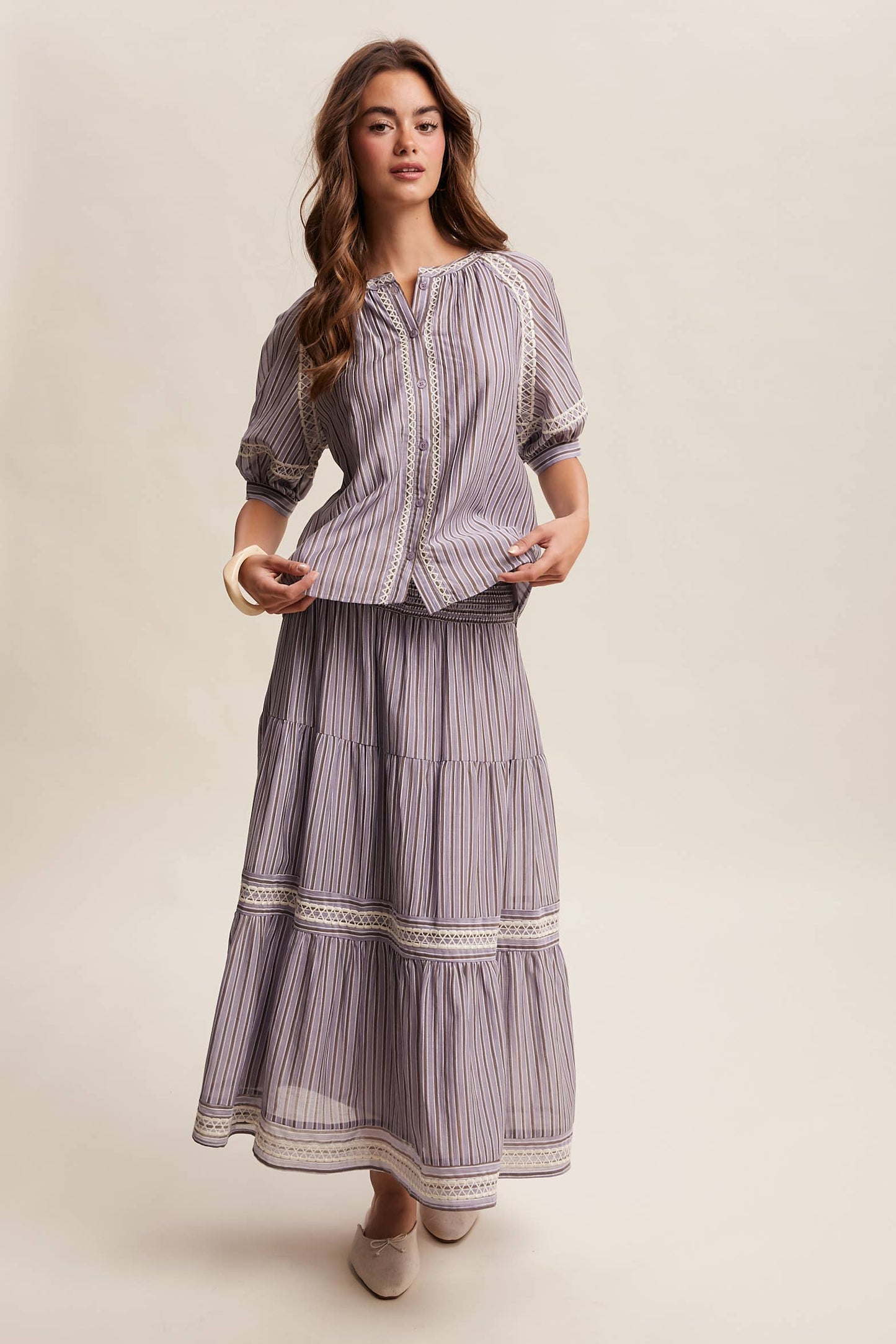 Striped Smocked Maxi Skirt with Embroidery Accents