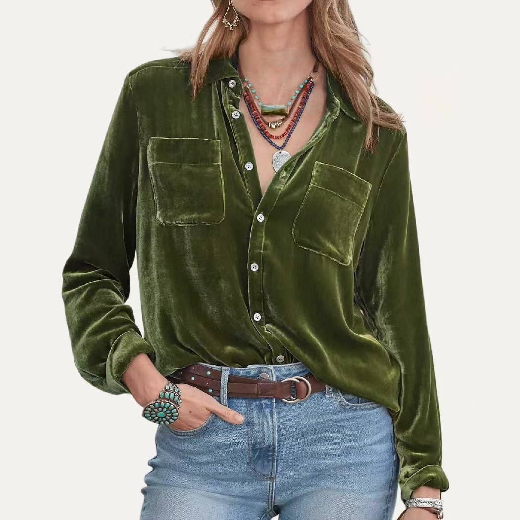 Classic Solid Velet Collared Buttons Down Long Sleeve Top