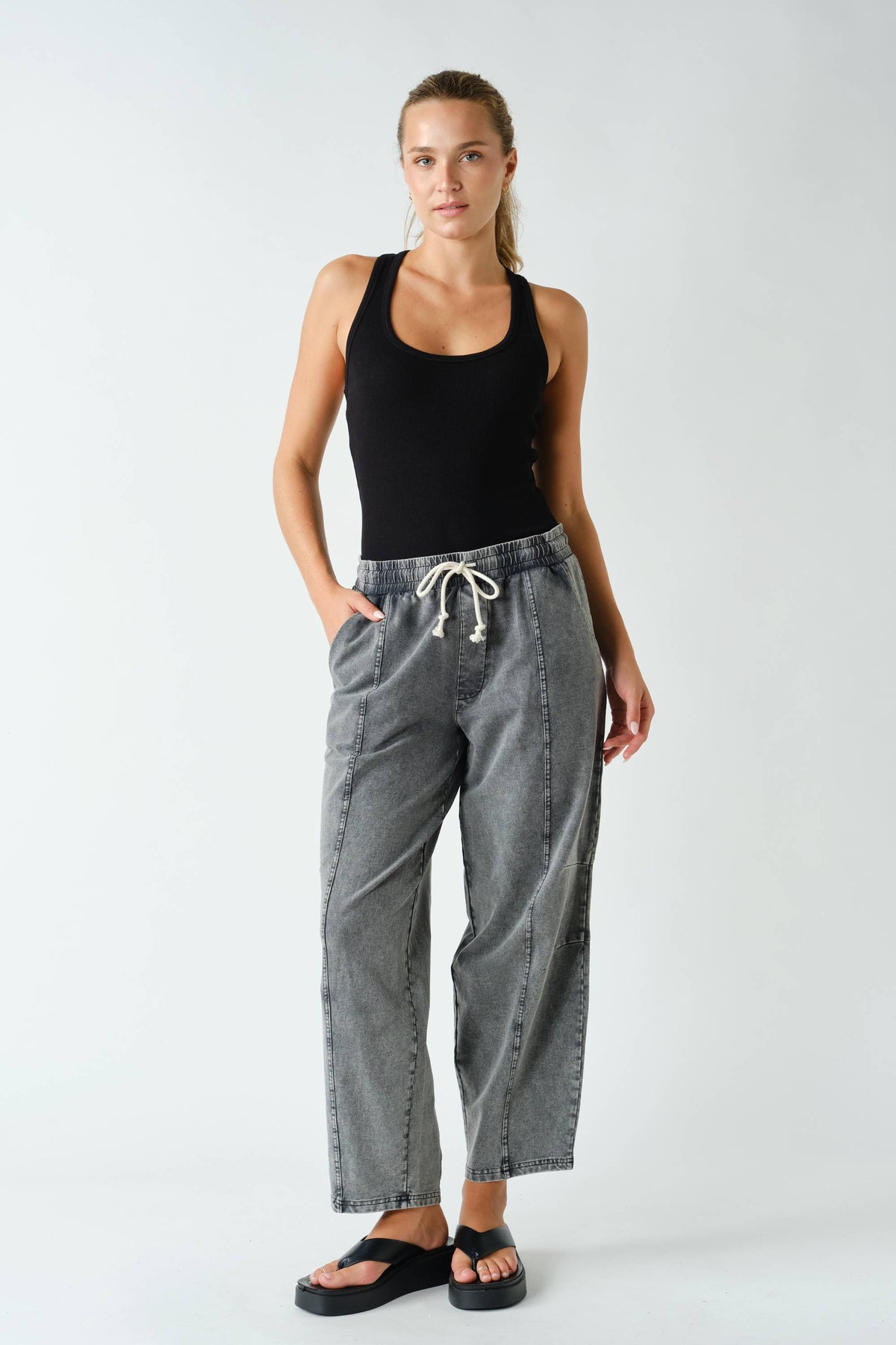 Mineral Wash Easy-Fit Stretch-Denim Drawstring Pants
