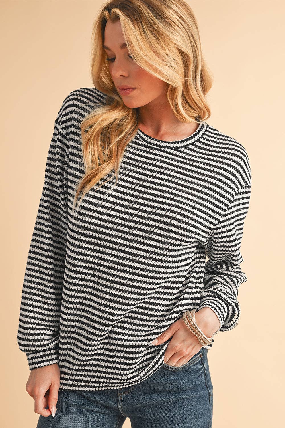 Stripe Round Neck Drop Shoulder Long Sleeve Top
