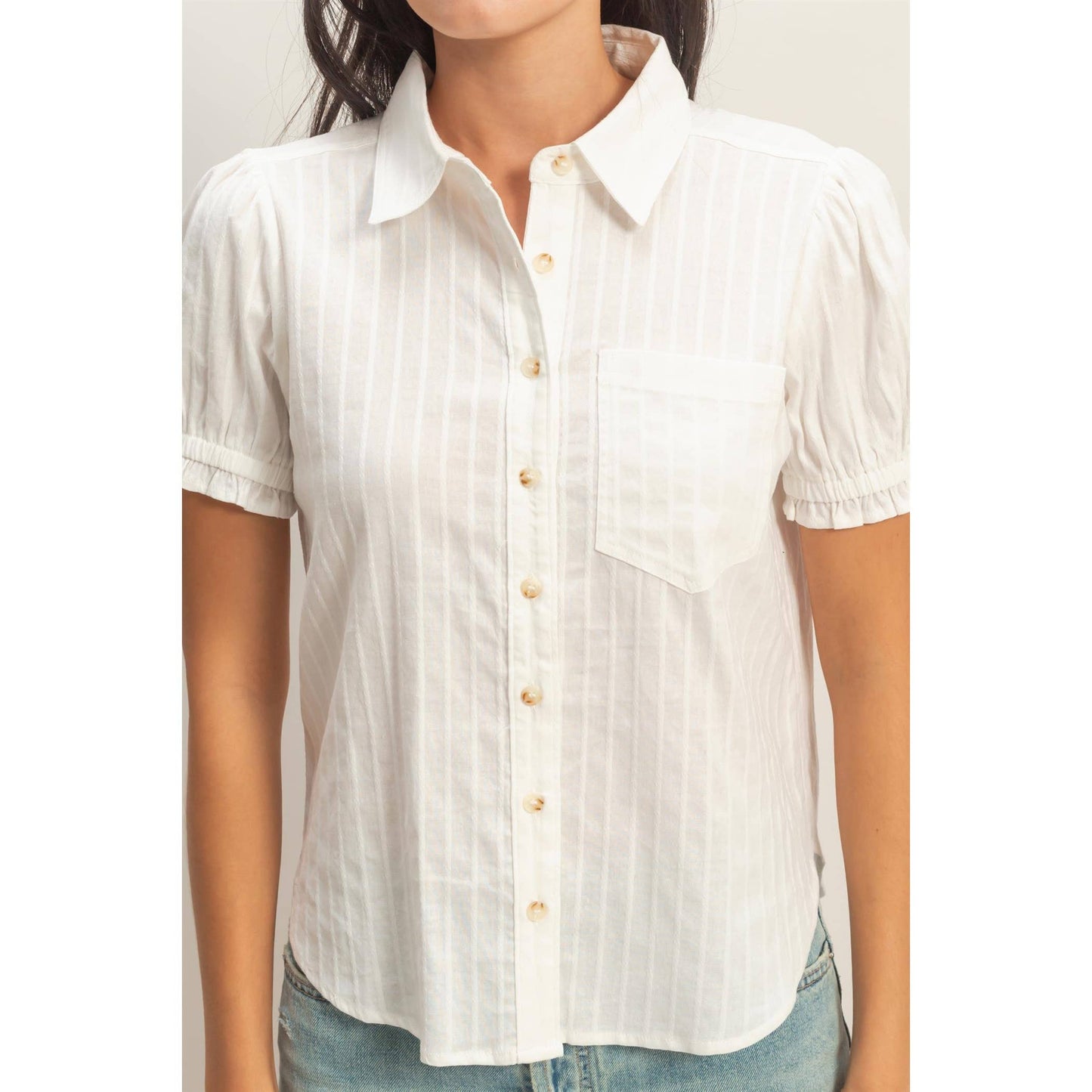 Button-Up Puff Short Sleeve Shirt