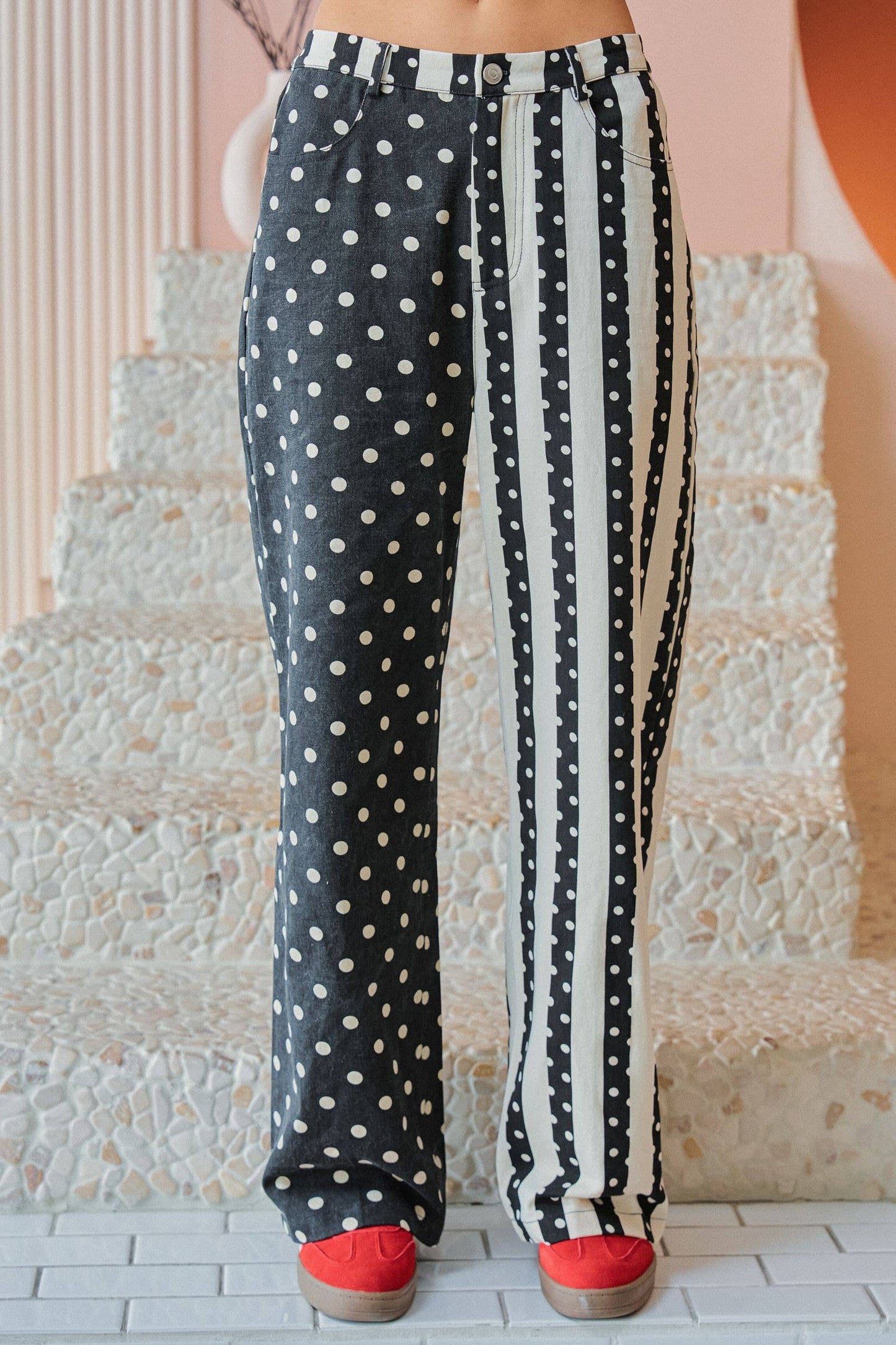 MIX DOT & STRIPE PANEL WIDE LEG PANTS