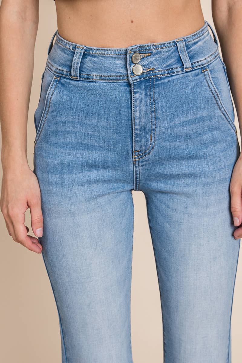 Medium Wash - High Rise Double Button Flare Jeans