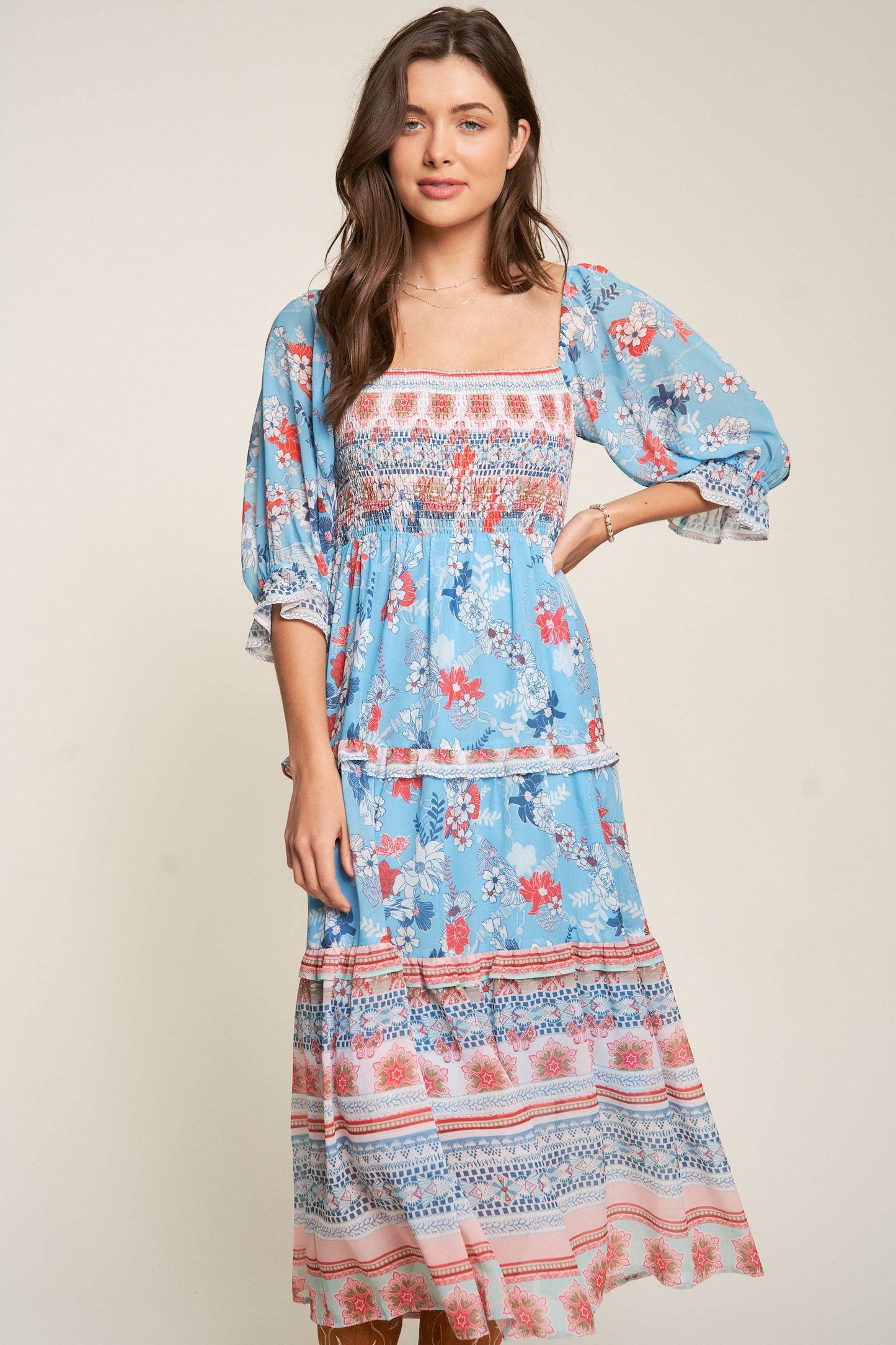 BOHO RUFFLE SMOCKED BODICE SHORT PUFF SLEEVE DRESS