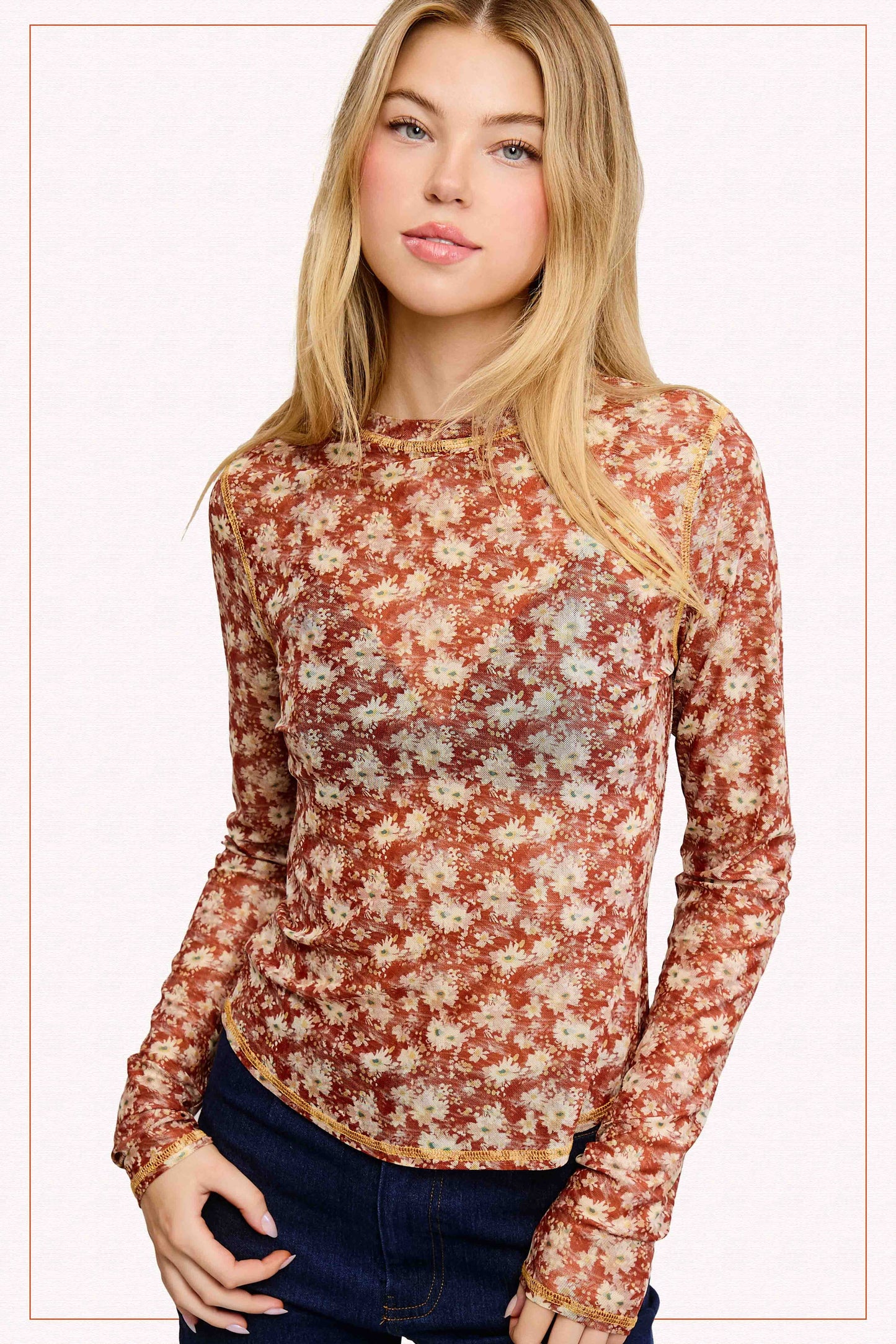 JCT7701-Semi Sheer Crew Neck Long Sleeve Mesh Layering Top