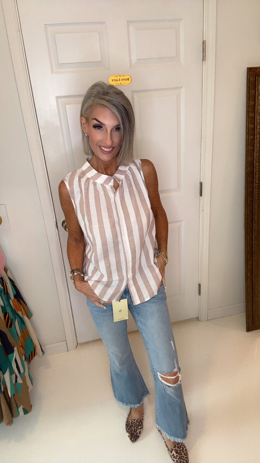 Stripe Casual Button Down Sleeveless Shirt | S-XL