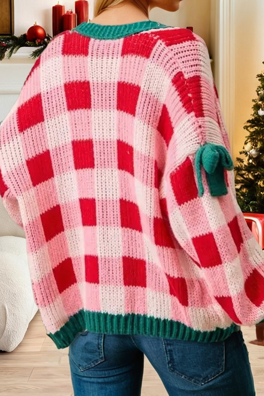 Christmas Plaid Knit Bow Knot Open Front Sweater Cardigan