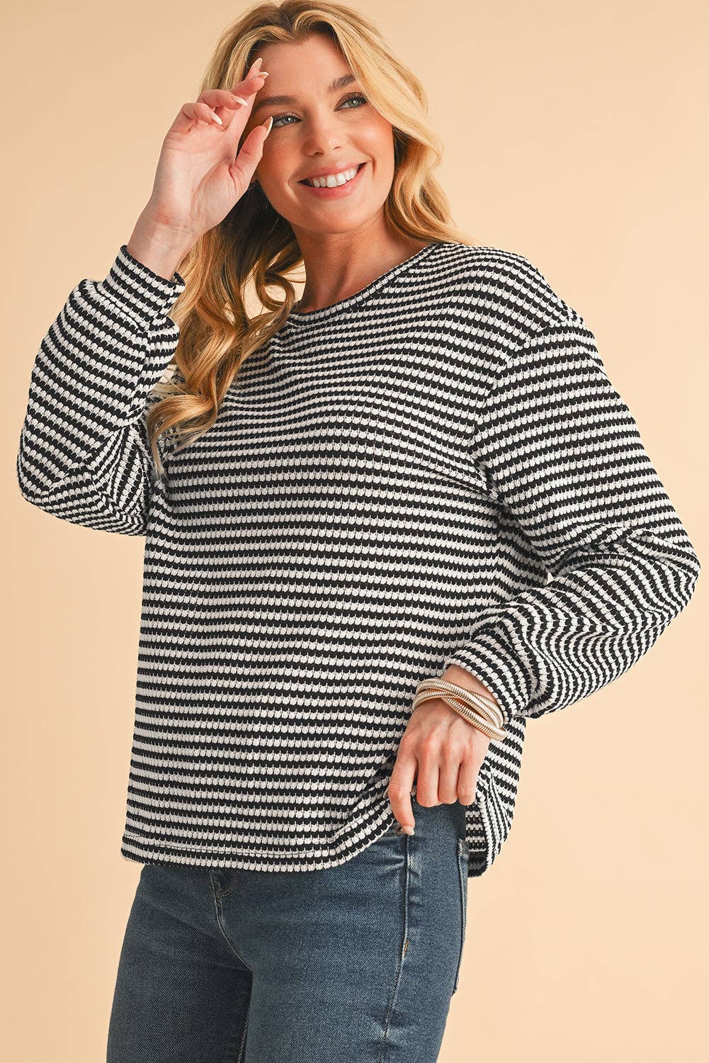 Stripe Round Neck Drop Shoulder Long Sleeve Top