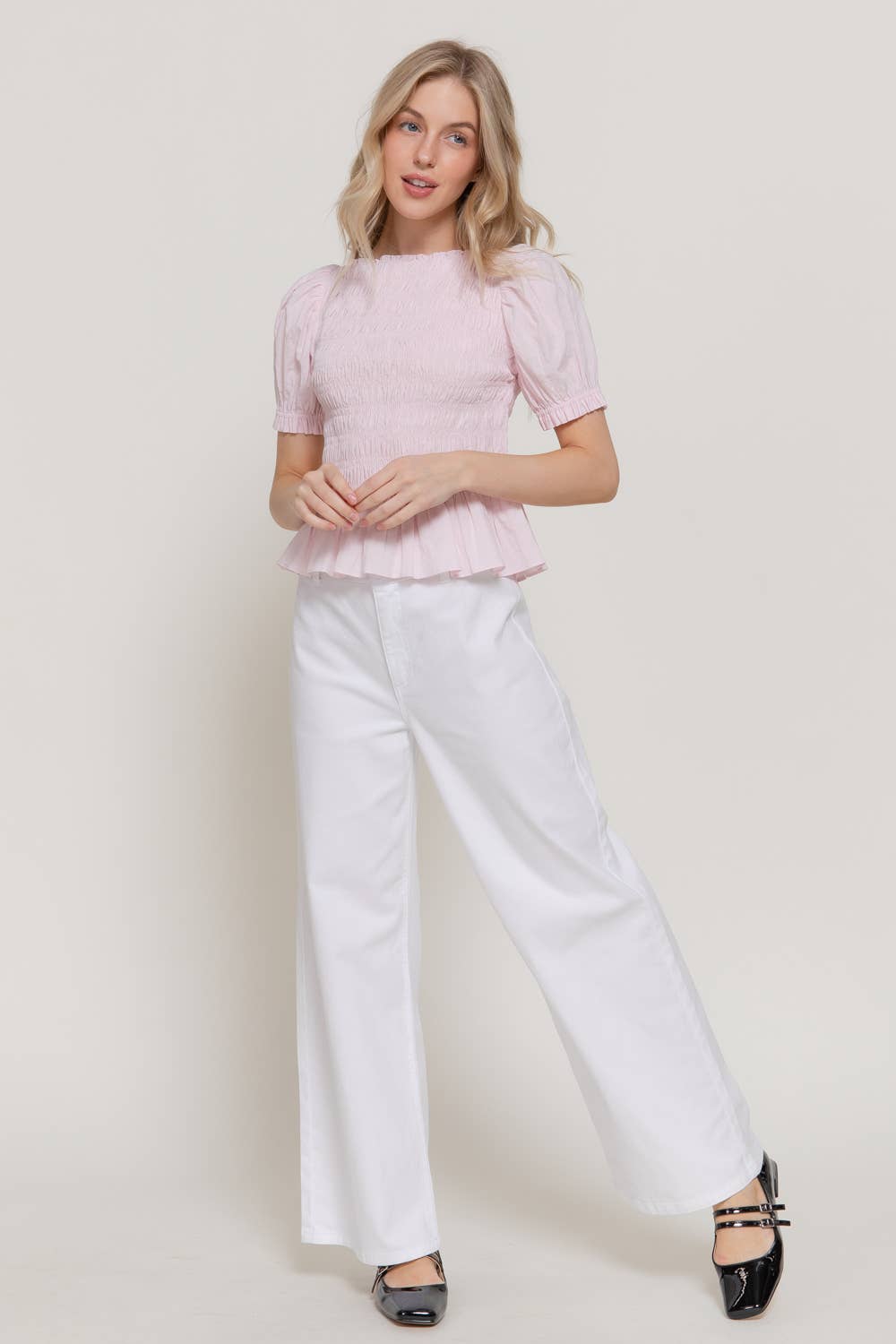 Short Puff Sleeve Smocked Detail Woven Top