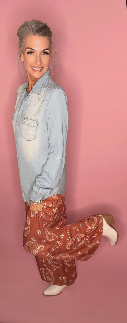 Western hat & patterns printed wide leg women pant