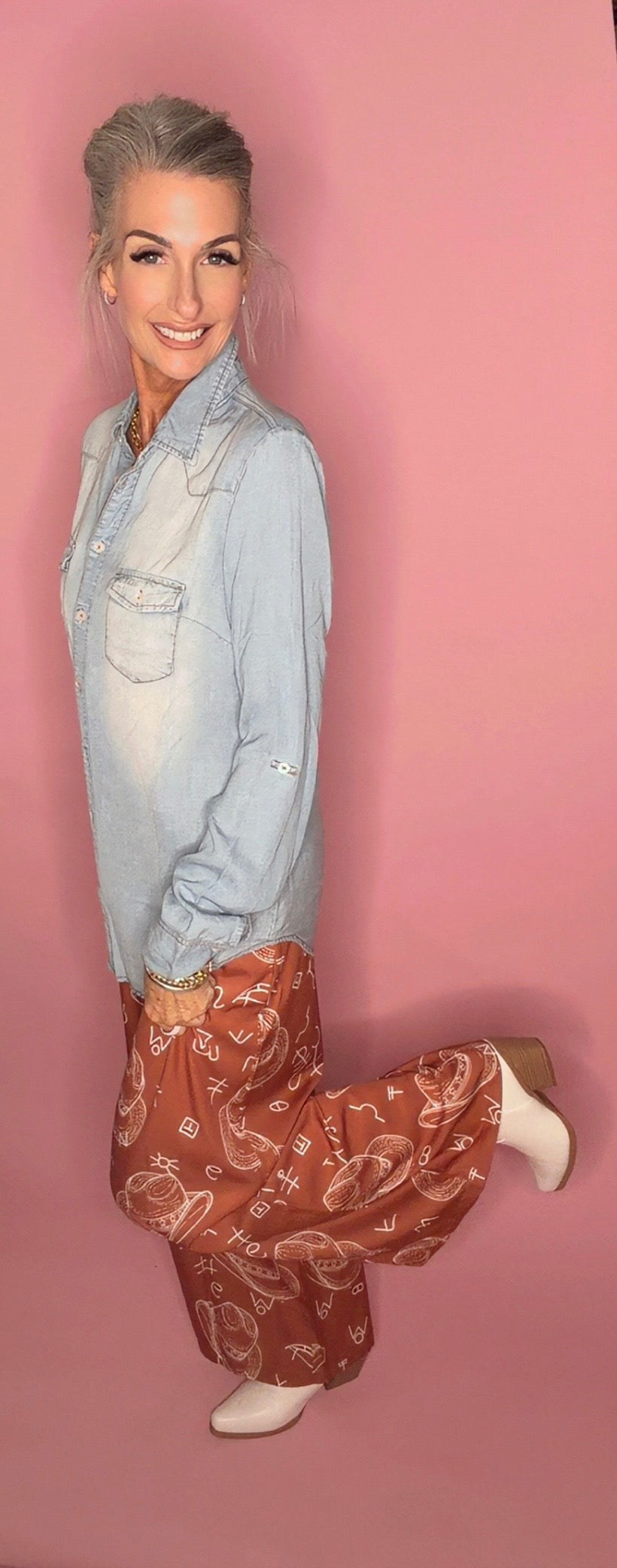 Western hat & patterns printed wide leg women pant