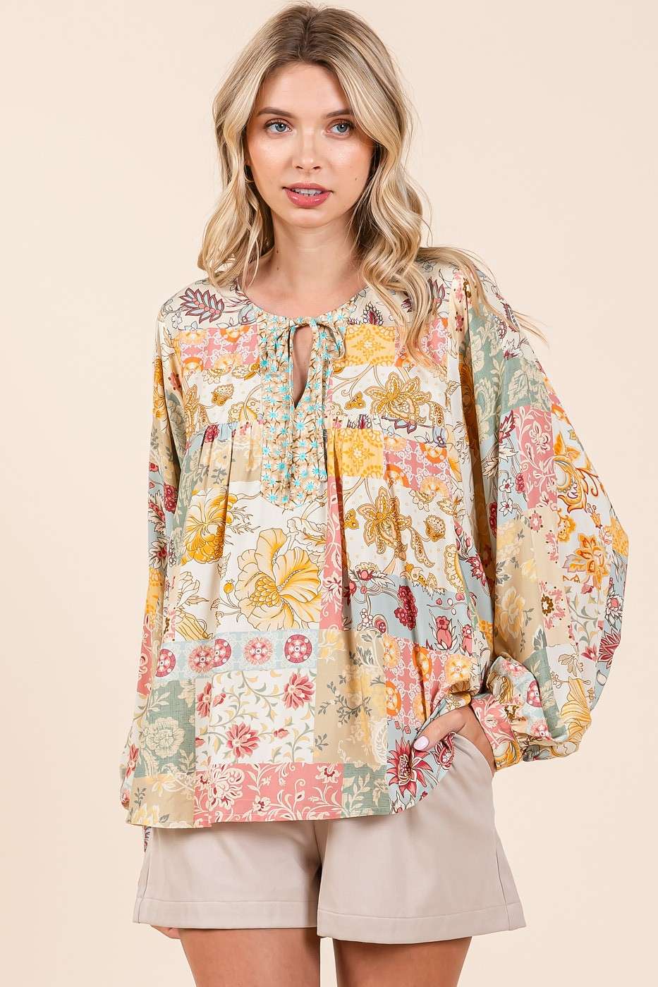 BOHO PATCHWORK PRINT LONG SLEEVE BLOUSE